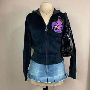 Y2K Mecca Femme Royalty Black Velour Zip Jacket READ SIZE